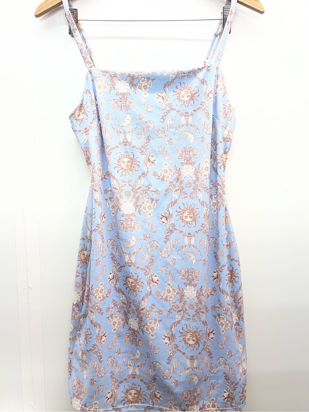 Sky Blue Sun & Moon Mini Slip Dress with Vintage Motif